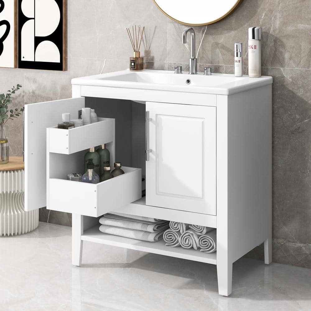 30" White Wood Freestanding Single Sink Bath Vanity with Ceramic Top