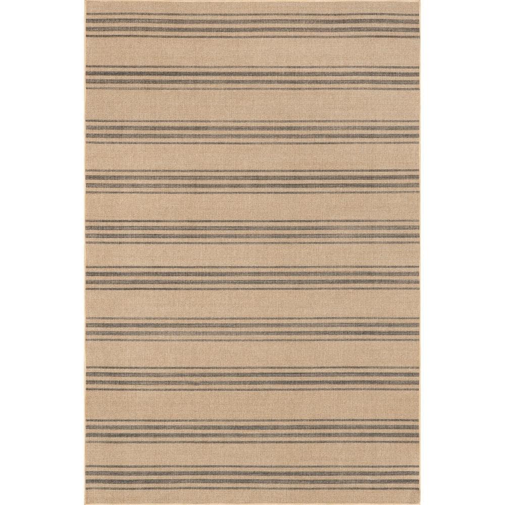 Natural Beige and Brown Striped Synthetic 9' x 12' Washable Area Rug