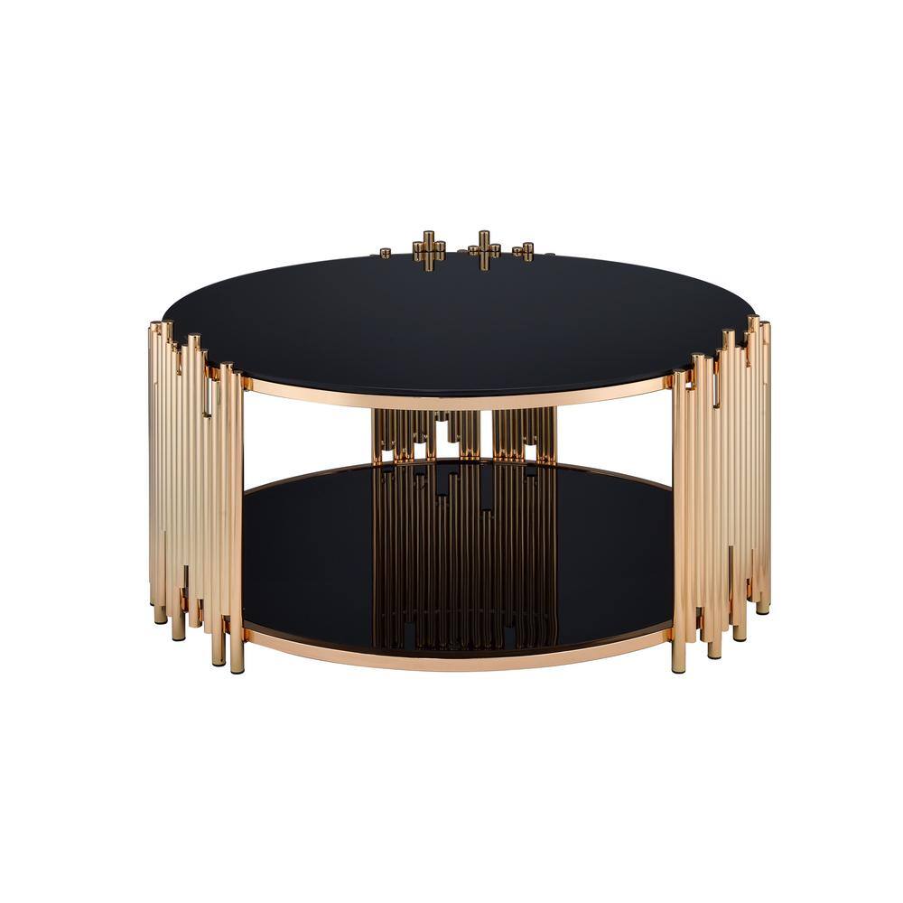 Tanquin Black Glass and Gold Round Coffee Table with Shelf