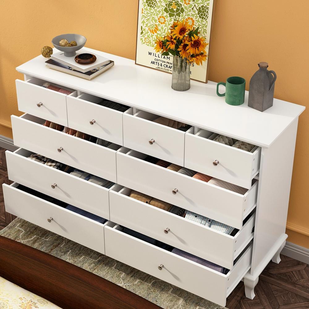 White MDF 10-Drawer Mid-Century Modern Dresser
