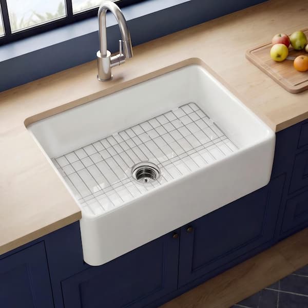 Farmhouse Sink 30 in. Single Bowl Gloss White Fireclay Kitchen Sink Apron Sink with Strainer and Bottom Grid Barn Sink