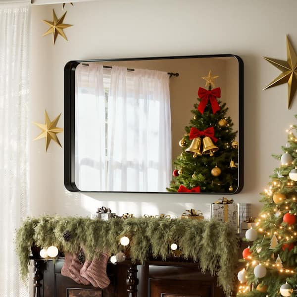 XRAMFY 29.5 in. W x 39.4 in. H Rectangular Modern Aluminum Deep Framed Rounded Black Wall Mirror
