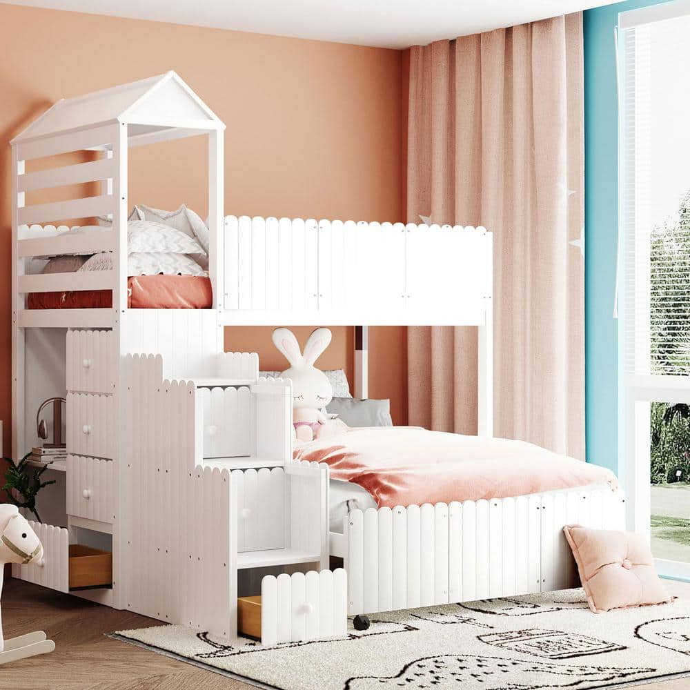 White Twin Over Full House Stairway Bunk Bed with 2 Shelves and 7 Drawers -  GOJANE, LT000526LWYAAKB