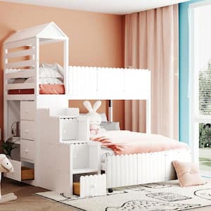 White Twin Over Full House Stairway Bunk Bed with 2 Shelves and 7 Drawers