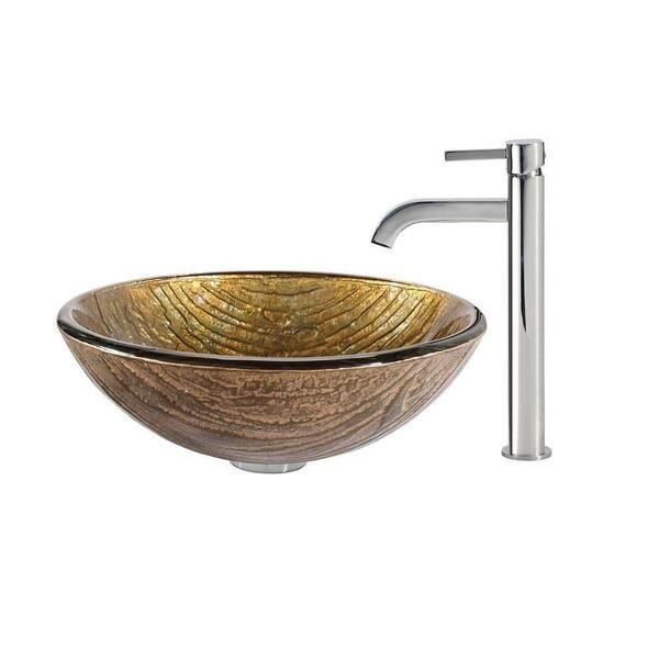 KRAUS Terra Glass Vessel Sink in Gold with Ramus Faucet in Chrome
