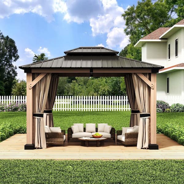 10 ft. x 12 ft. Cedar Solid Wood Frame, Galvanized Steel Double Top Gazebo with 4 Waterproof Polyester Perimeter Fabrics