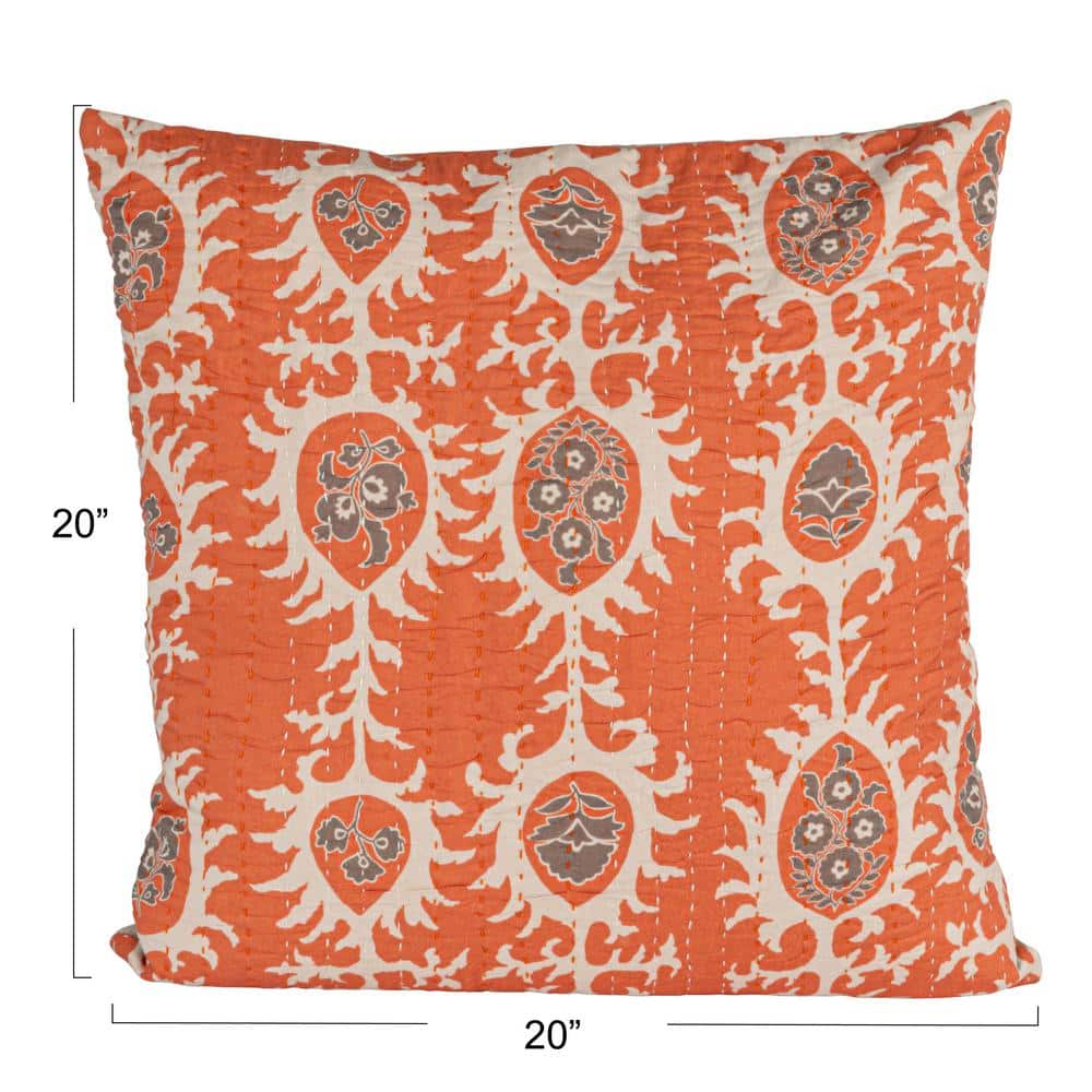 20" Square Orange and Gray Cotton Voile Throw Pillow