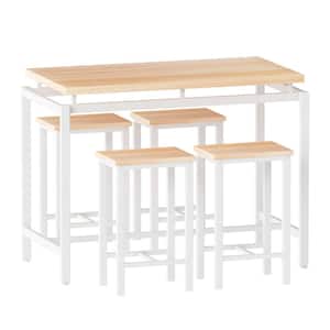 Minimalist Industrial 5 Pieces Rectangle Oak Veneer Wooden Top Dining Table Set with Four Stools for 4