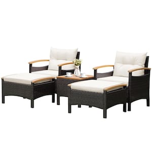 5-Piece Patio Rattan Furniture Set Sofa Ottoman Cushioned Table with Wood Top in Off White