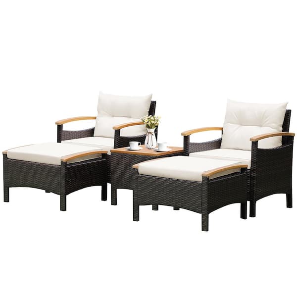 Costway 5-Piece Patio Rattan Furniture Set Sofa Ottoman Cushioned Table with Wood Top in Off White