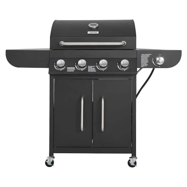Gas Grill, Portable, Propane and Grill in Black with Side Burner, 425 sq. in. Carbon Steel Enamel Grates