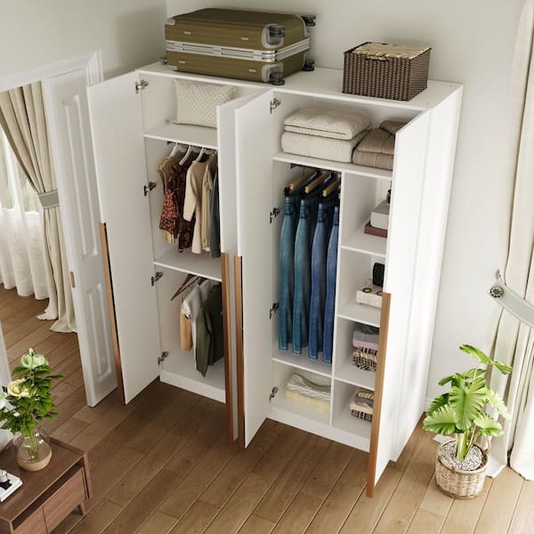 White Mirror Finished Wood 63 in. W x 78.7 in. H x 19.7 in. D Armoire, Wardrobe with 10-Shelves, 3-Bars & 4-Large Doors