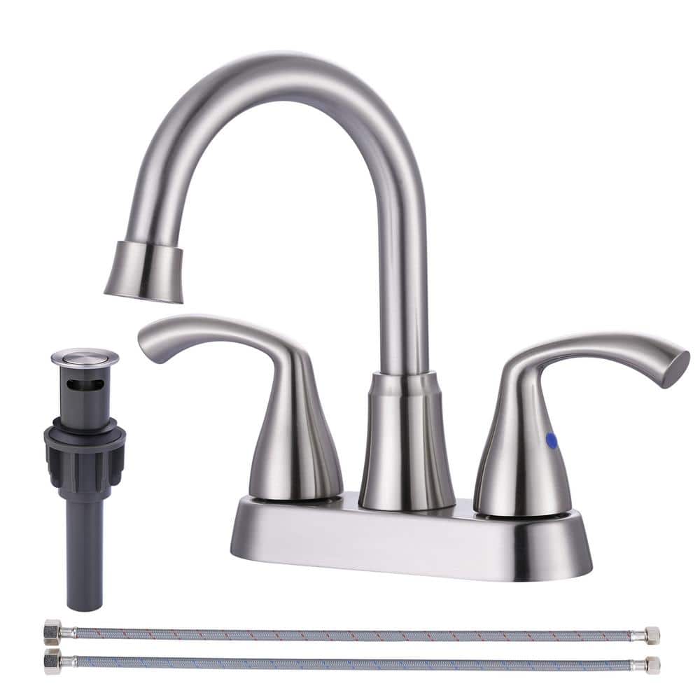 Brushed Nickel Double Handle High Arc Bathroom Faucet with Pop-Up Drain