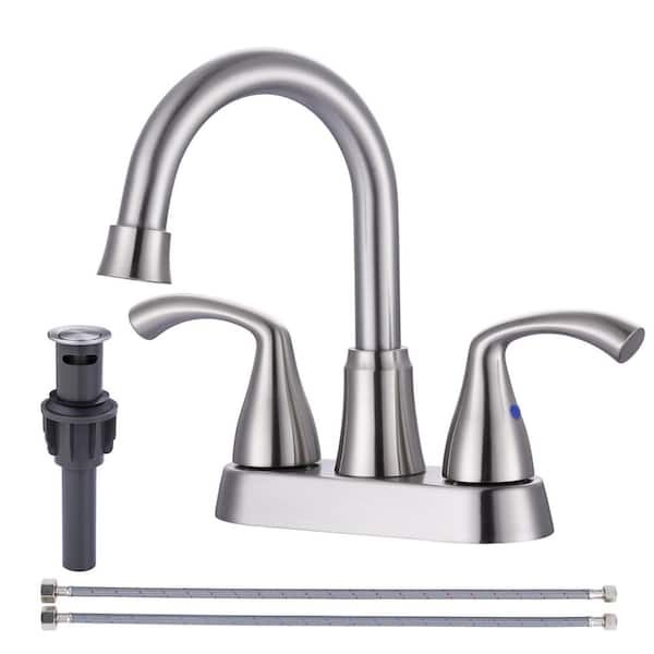 IVIGA 4 in. Centerset Double Handle High Arc 360° Swivel Bathroom Faucet with Pop Up Drain and Supply Lines in Brushed Nickel