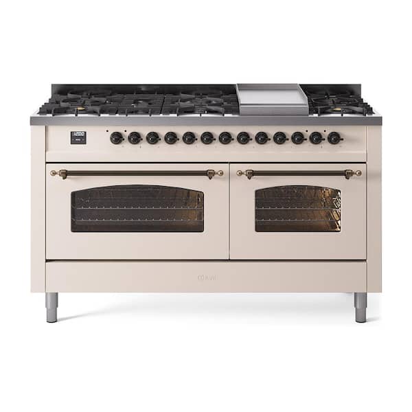 ILVE Nostalgie II 60 in. 9 Burner+Griddle Freestanding Double Oven Dual Fuel Range in Antique White with Bronze
