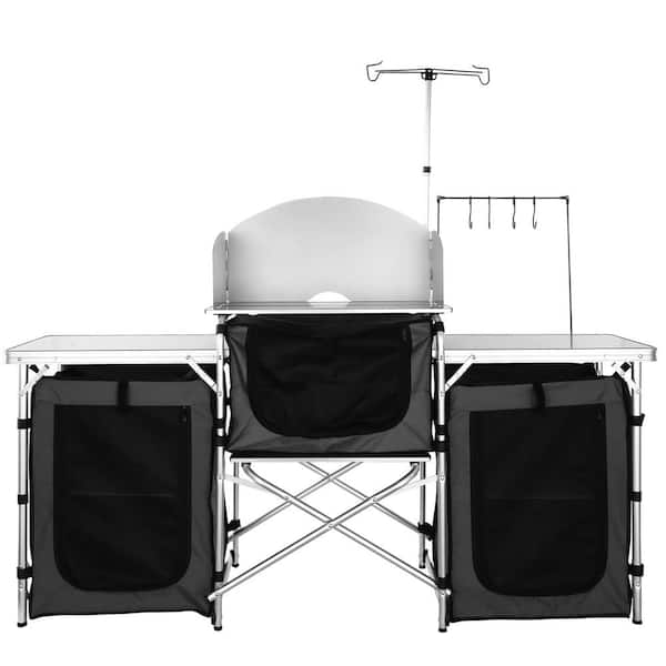 SVOPES Folding Camping Kitchen Table, Outdoor Cooking Station with Storage Bag, Aluminum with three Cupboards & Windscreen