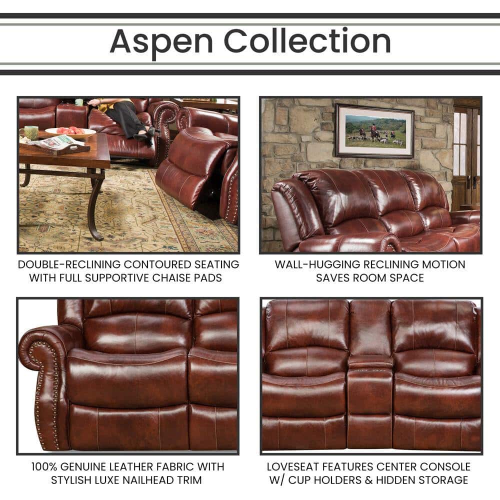 Aspen Brown Leather Double-Reclining Loveseat with Cup Holder