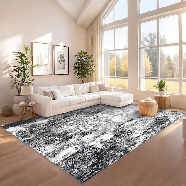 Gray Black 10 ft. x 13 ft. Modern Abstract Decorative Area Rug Polyester