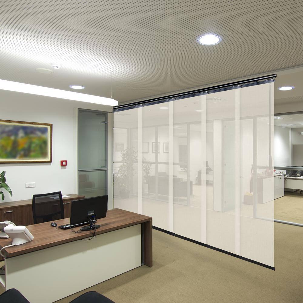 Ivory Mesh 58 in.- 110 in. W x 116 in. L Adjustable 5-Panel Black Single Rail Panel Track with 23.5 in. Slates