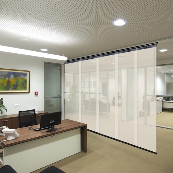 EMOH Ivory Mesh 58 in.- 110 in. W x 116 in. L Adjustable 5-Panel Black Single Rail Panel Track with 23.5 in. Slates