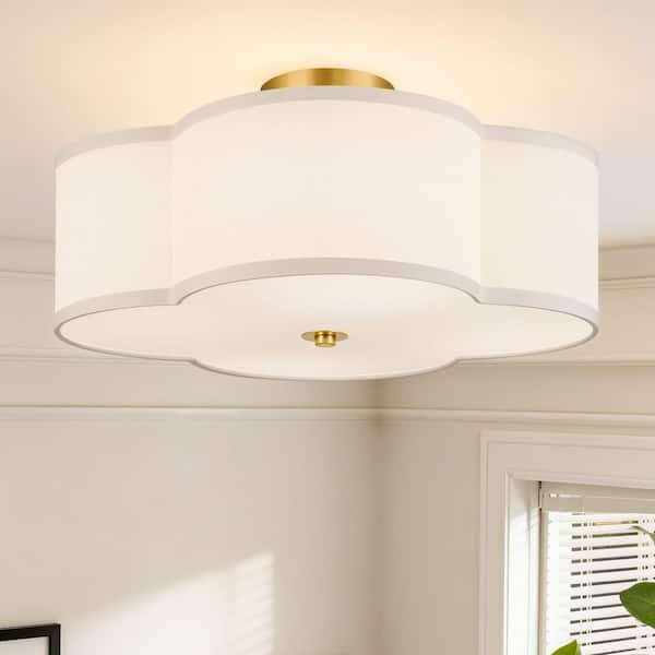 16 in. 4-Light Gold Semi Flush Mount Ceiling Light Fixture with Clover Fabric Shade, Acrylic Diffuser and E26 Bases
