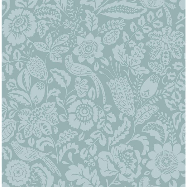 A-Street Prints Marta Teal Blue Floral Trail Wallpaper Sample
