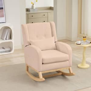 Laguna Solid Wood Pink Chenille Rocking Chair with Rubberwood Legs and Removable Small Pillow Backrest