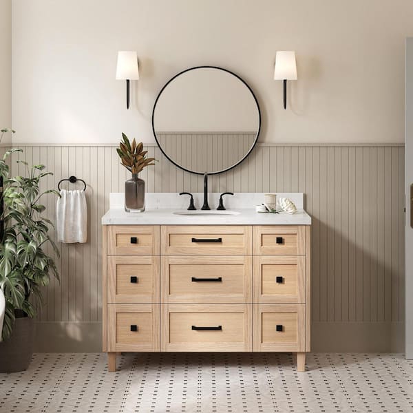ARIEL Monroe 48 in. W x 22 in. D x 36 in. H Single Oval Sink Bath Vanity in Oak with Carrara White Quartz Top