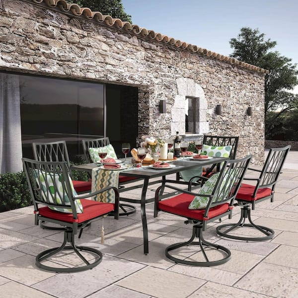 Nuu Garden Black 7-Piece Metal Rectangle Outdoor Dining Set with Cushion Patio Furniture Set with Swivel Dining Chair