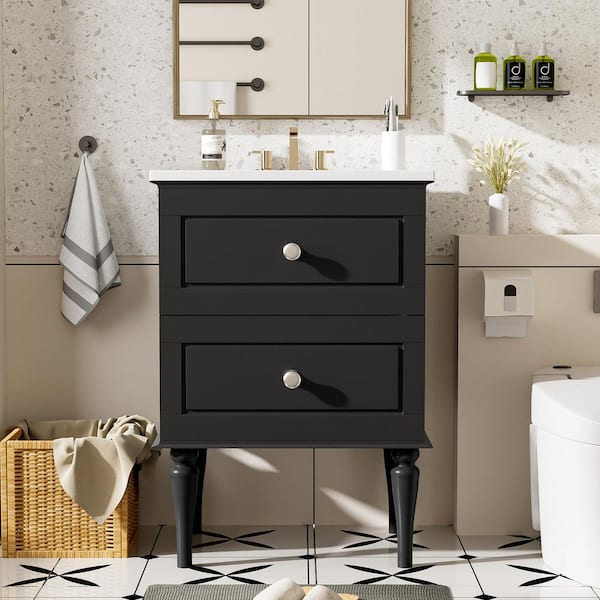 24 in. Single Sink Freestanding Black Bath Vanity with White Ceramic Top Unassembled