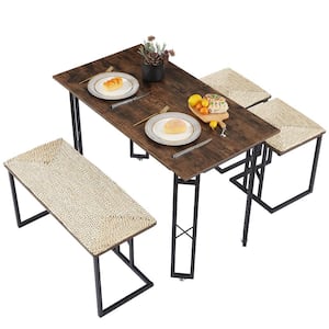 Dining Table Set for 4 Brown Wood Dinning Table with 3 Benches, Woven Cushion and Adjustable Feets Dinning Set, 43.3 in.