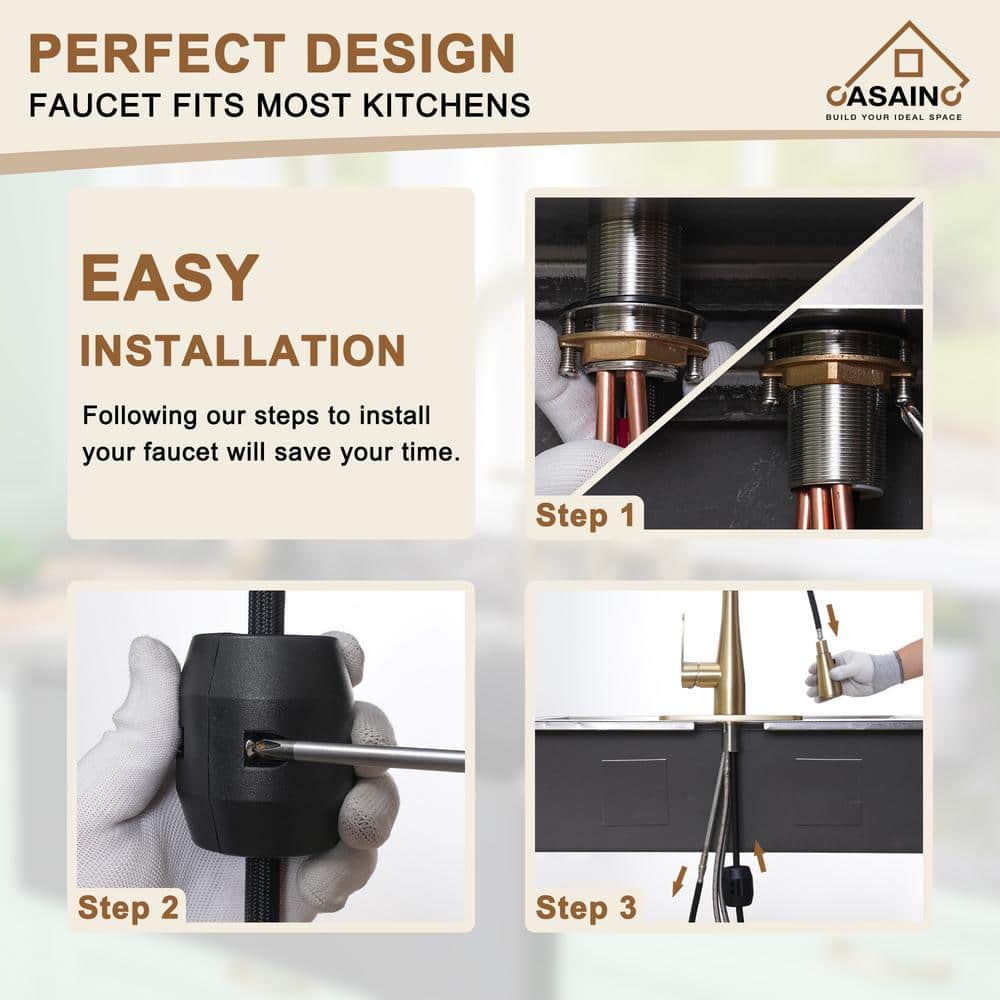 Brushed Gold Stainless Steel Pull-Out Spray Kitchen Faucet
