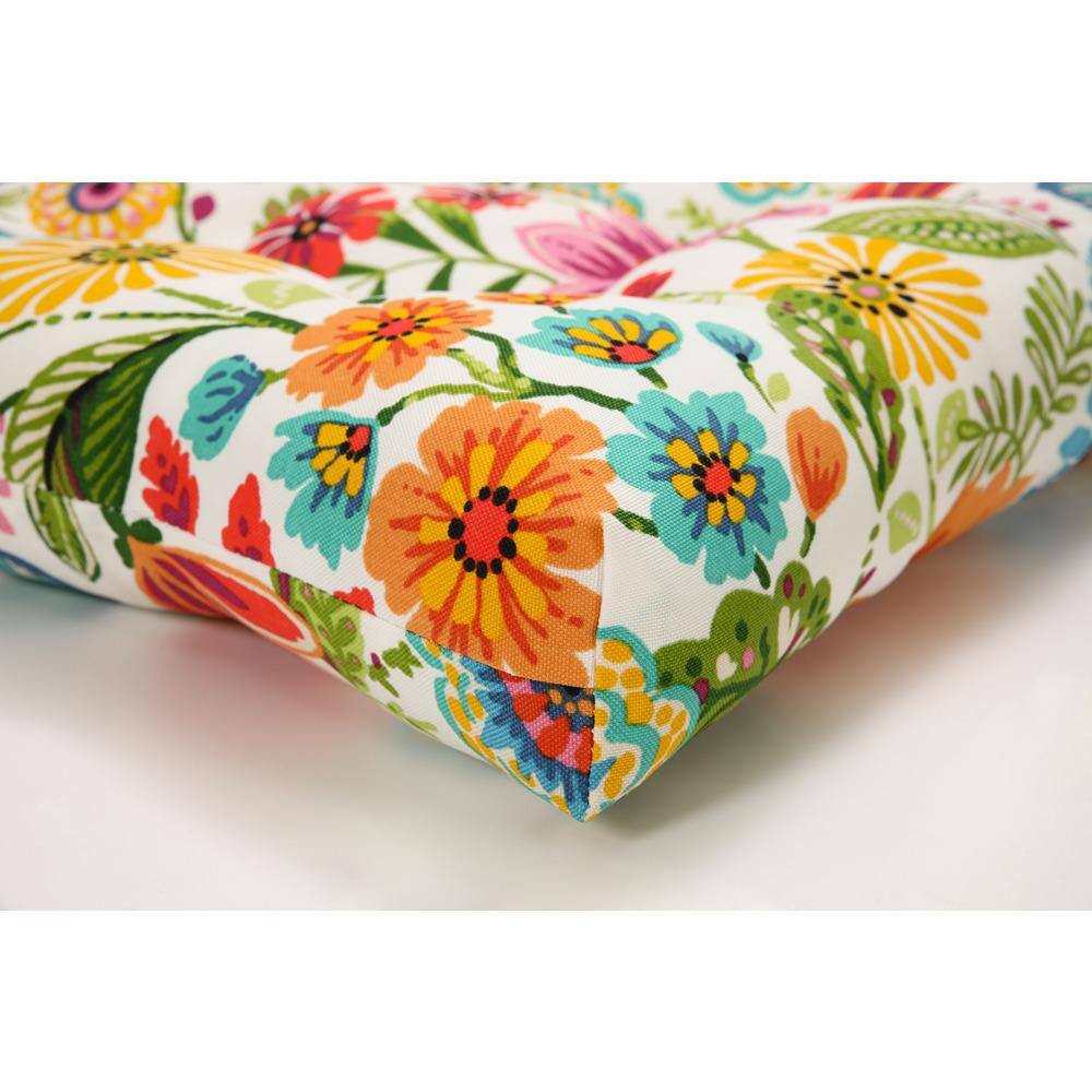 Bright Floral Tufted Outdoor Loveseat Cushion in Multicolor Polyester