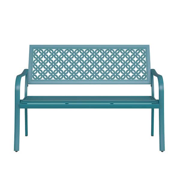 Upland Outdoor Garden Bench with Anti-Rust Metal Powder Coated Frame, Patio Bench for Front Porch Park, Blue-Green