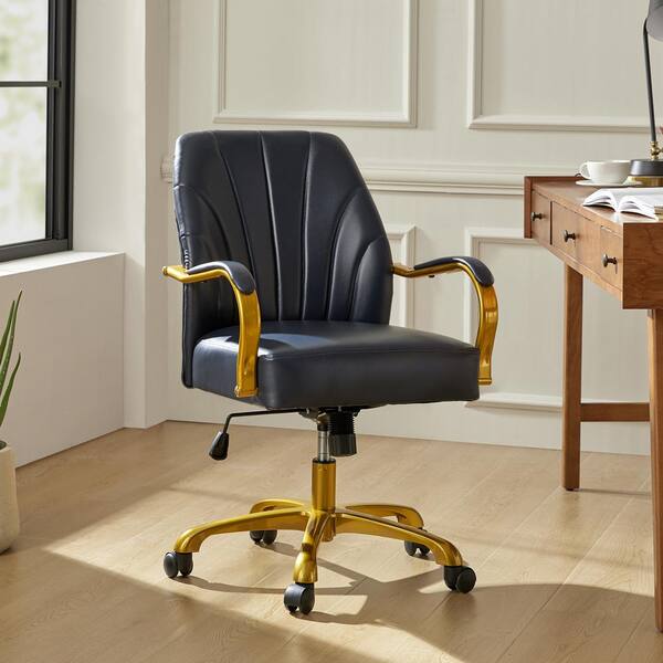 JAYDEN CREATION Stephanie Leather Wood Swivel Tilting Task Chair in Navy with Channel Tufted Back