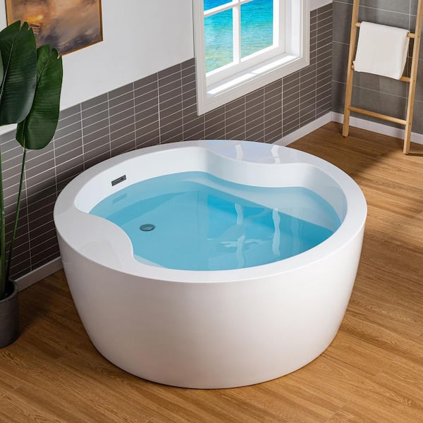 59 in. x 59 in. Acrylic FlatBottom Round Soaking Bathtub with Brushed Nickel Center Drain in White