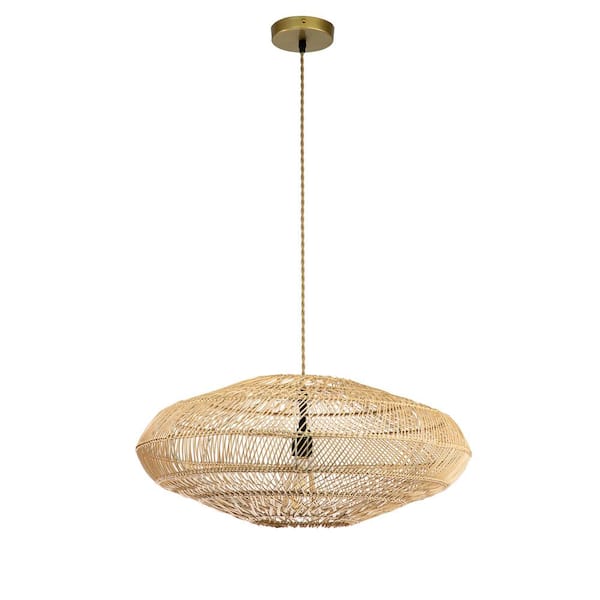 Unbranded 48-Watt 1 Light Natural Wood Color Lantern Shape Height Adjustable Pendant Light with Rattan Shade, No Bulbs Included