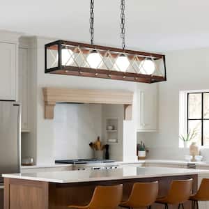 4-Light Black Wood LED Modern Farmhouse Rectangular Caged Box Chandelier Ceiling Light for Dining Room Kitchen Island