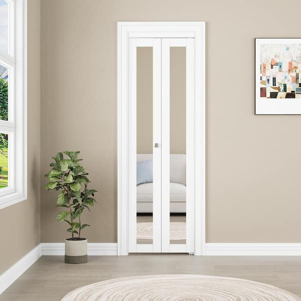 28 in. x 80 in. 1-Lite Mirrored Glass Solid Core White Primed MDF Closet Bi-Fold Door with Hardware Kit