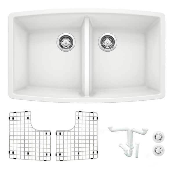 Blanco Performa 33 in. Undermount Double Bowl White Granite Composite Kitchen Sink Kit with Accessories