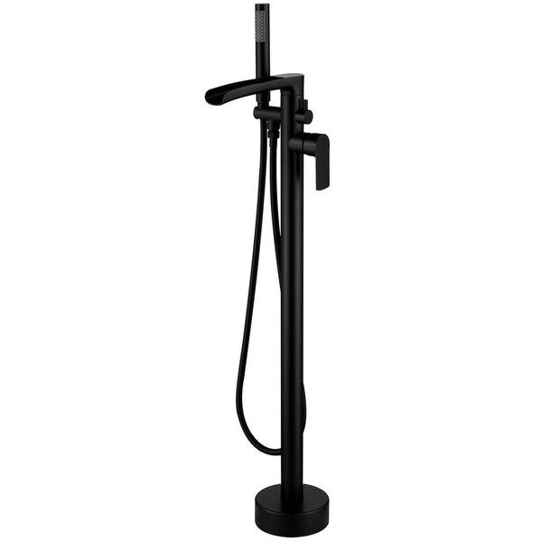 Single Handle Floor Mount Freestanding Tub Faucet Bathtub Filler with Hand Shower in Matte Black