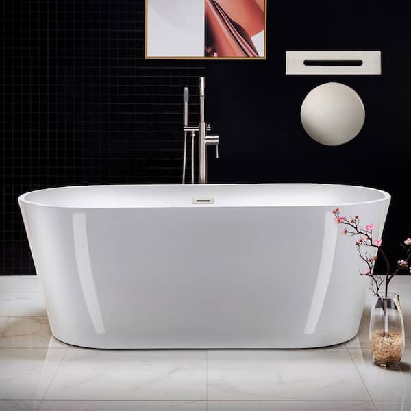 WOODBRIDGE Sharyn 67 in. Acrylic FlatBottom Double Ended Bathtub with Brushed Nickel Overflow and Drain Included in White