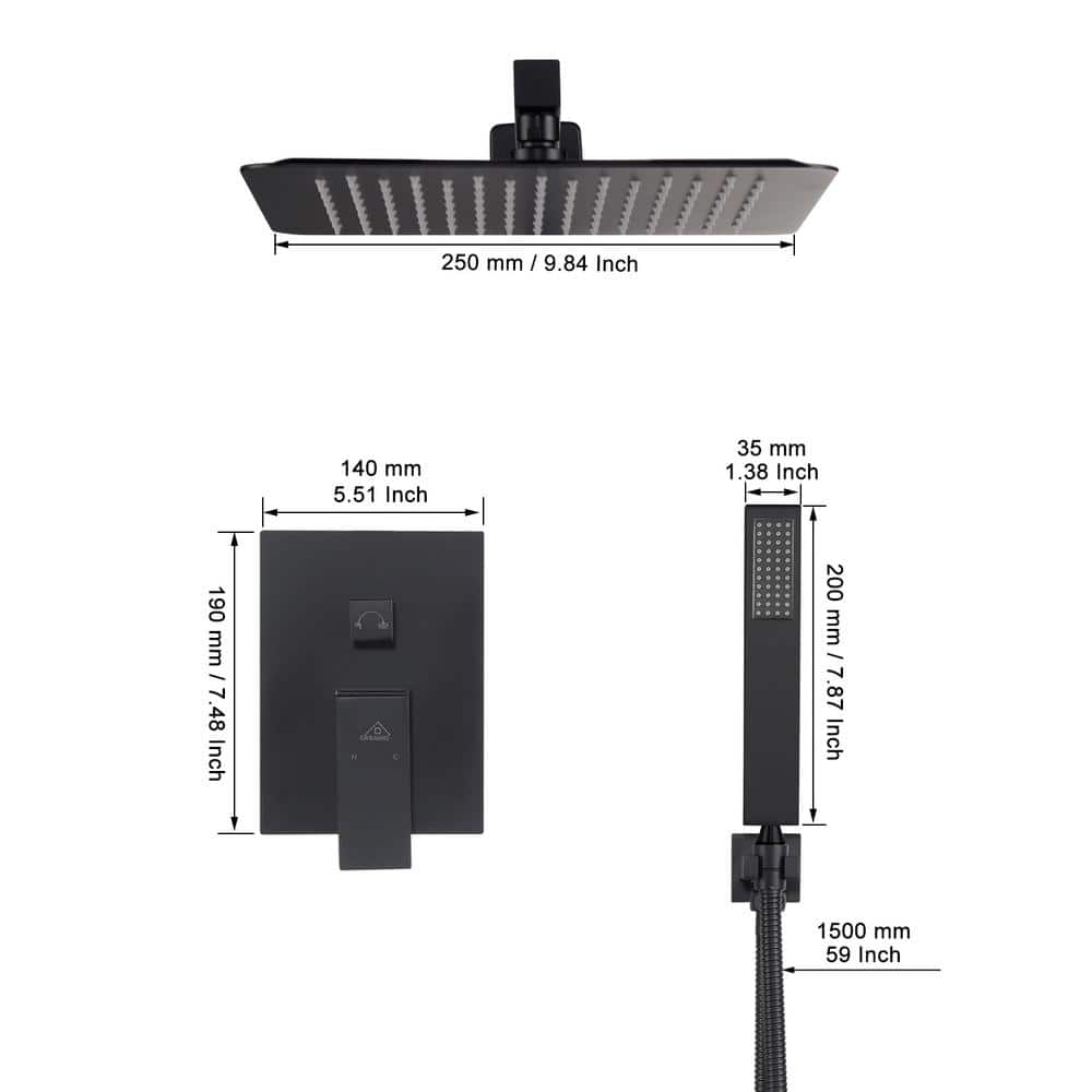 Matte Black Large Square Dual Rain Shower System