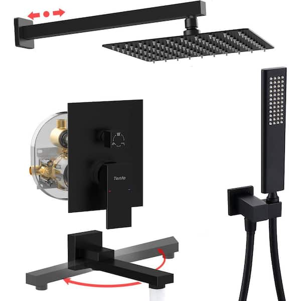 PERLIRIA INC Single Handle 1-Spray 10 in. Tub and Shower Faucet with Handheld 2.2 GPM in. Pressure Balance Matte Black Valve Included