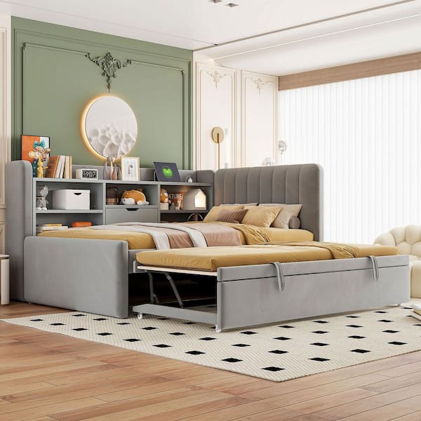 Gray Twin Size Upholstered Daybed with Trundle, Storage Shelves and USB Outlet