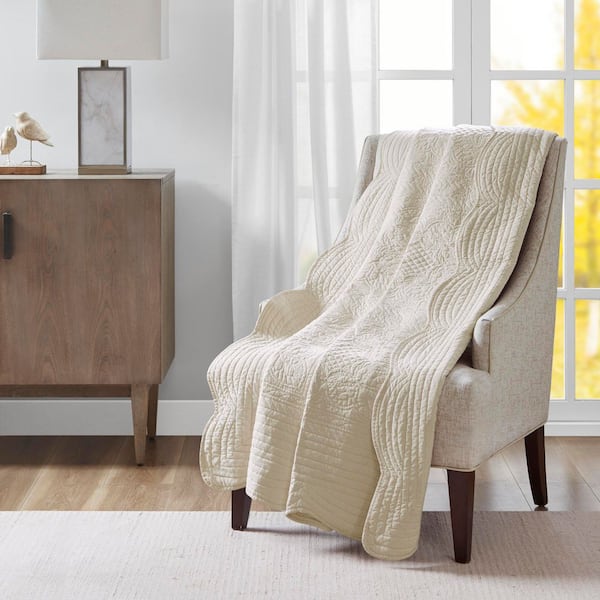 Marino Cream Solid Polyester 60 x 72 in. Oversized Quilted Throw with Scalloped Edges
