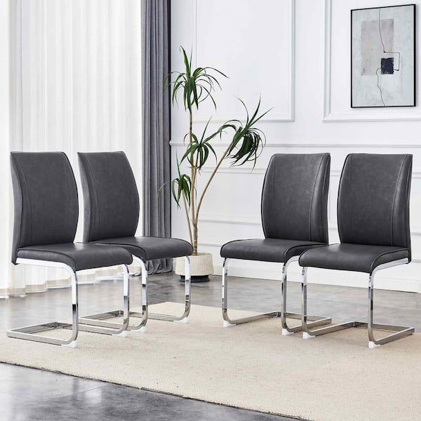 Dark Gray,Silver PU Leather Metal Frame Dining Chairs Set of 4