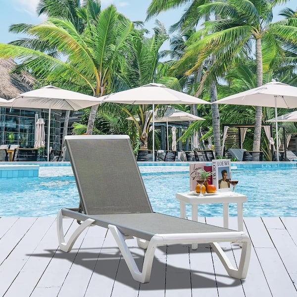 Cesicia Adjustable White Frame 1-Piece Metal Outdoor Chaise Lounge in Grey with Side Table