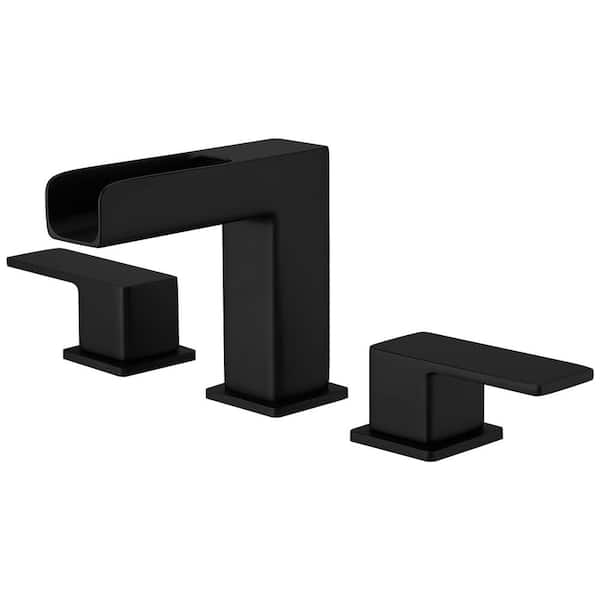 Fapully 8 in. Widespread Double Handle Bathroom Faucet, Waterfall 3 Hole Bathroom Faucet with Pop Up Drain in Matte Black