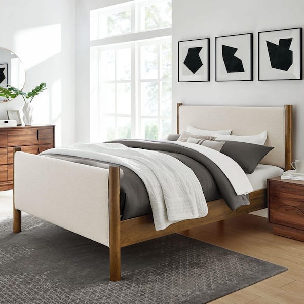 Maven Beige Wood Frame Queen Platform Bed with Upholstered Fabric Headboard and Footboard